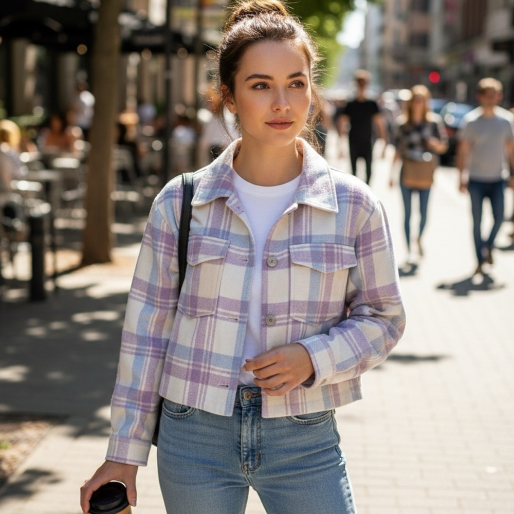 For The Republic Women's Plaid Jacket in Purple and Cream